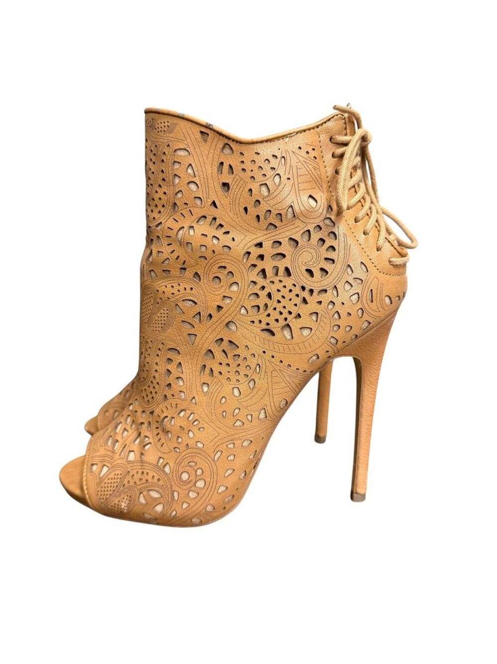 Steve Madden Women’s 8M Korsett Tan Leather Peep Toe Laser Cut Booties 5” Stilet - Picture 4 of 11
